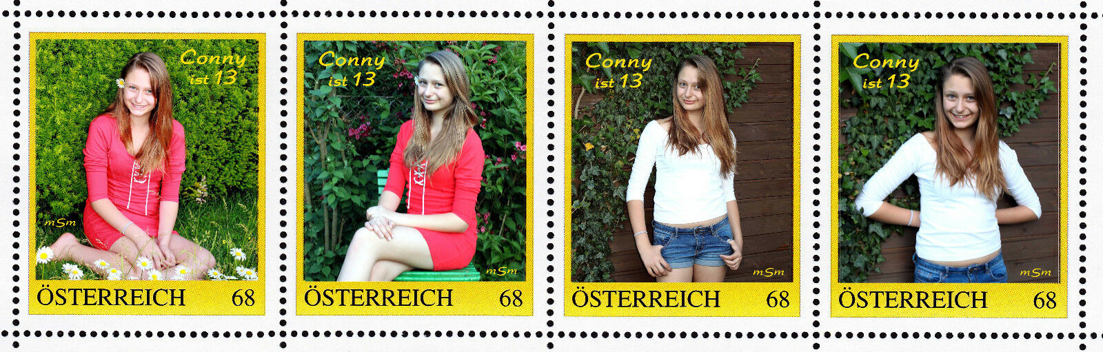 U) Personalized Strip Of 4 Stamps Girl´s Birthday Conny Is 13 Austria 2015