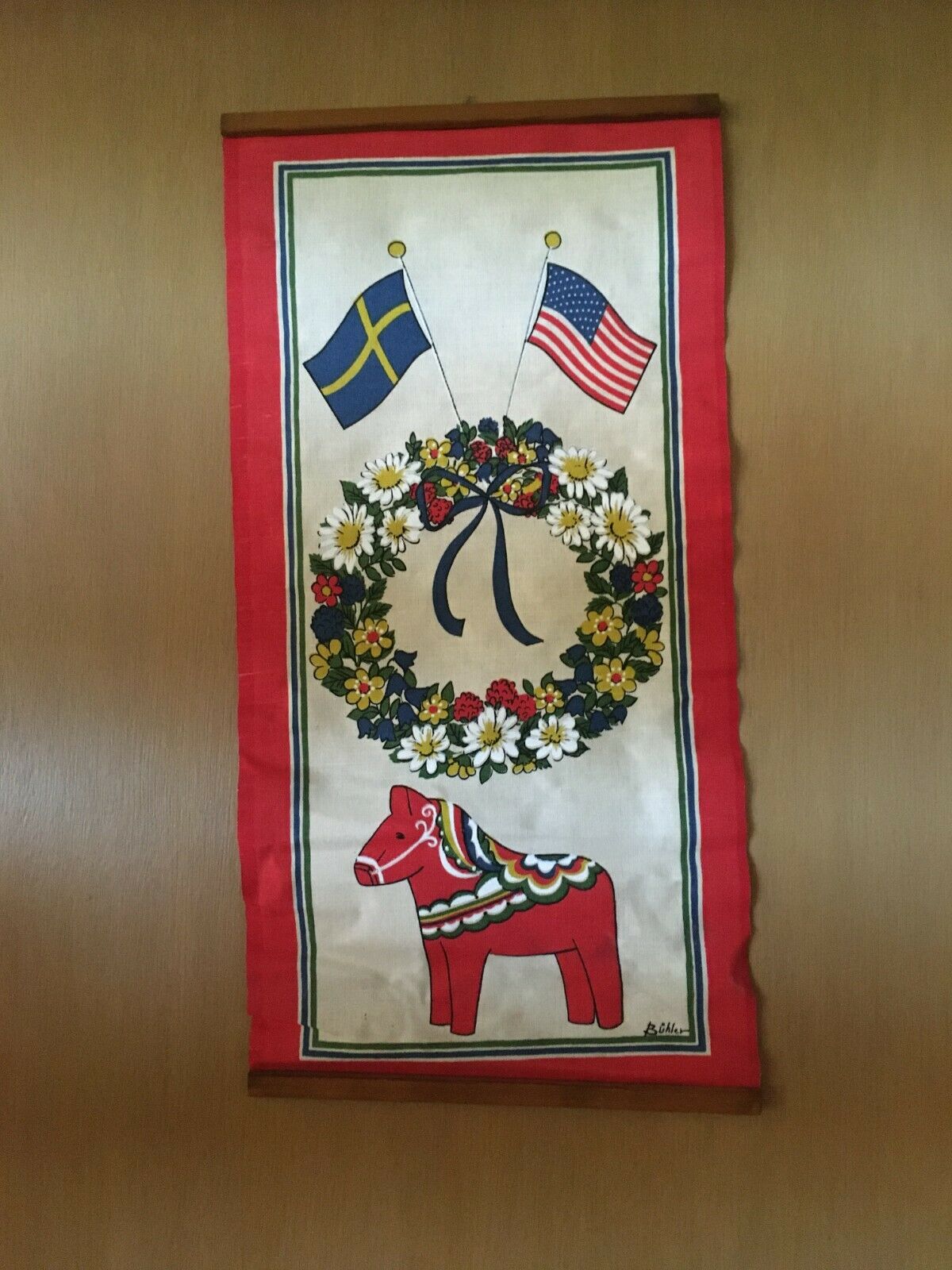 Vintage May Buhler Textile Wall Hanging Art Swedish & American Flag Dala Horse