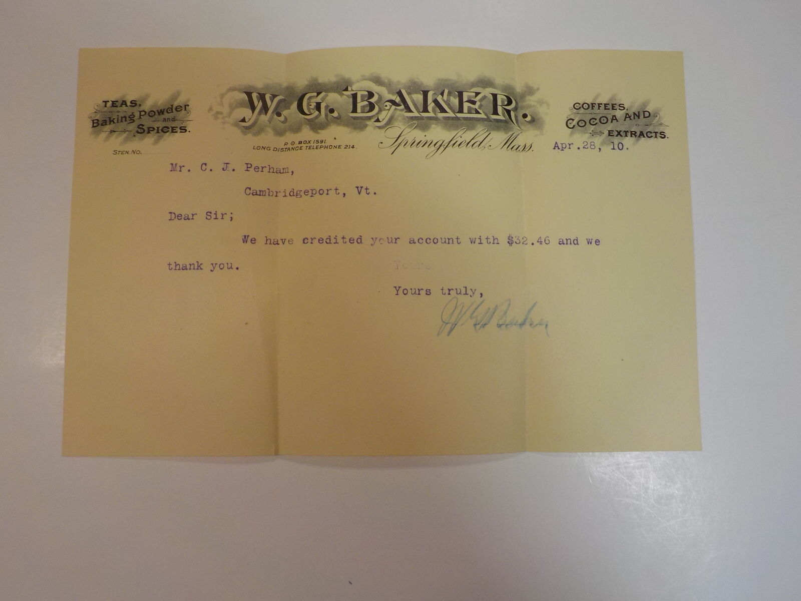 Antique Letter 1910 W. G. Baker Springfield Massachusetts Letterhead Cocoa Vtg