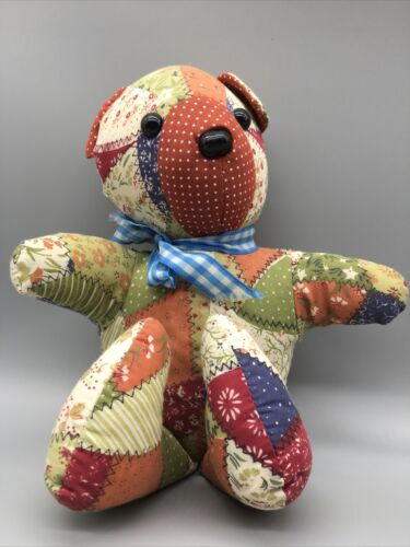 Vtg Folk Art Teddy Bear Plush Original Patchwork Art Decor Stuffed Animal 11”