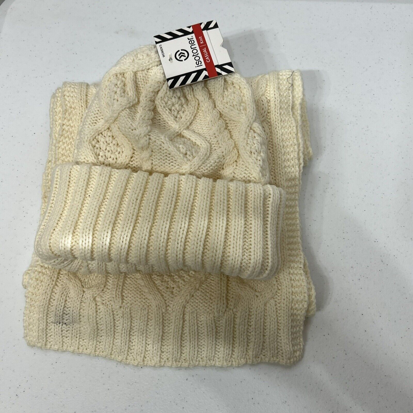 Isotoner Ivory Casual Knit Beanie Hat & Scarf Set