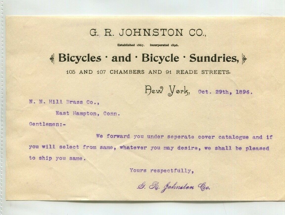 Vintage Letterhead Gr Johnston Bicycles & Sundries Ny 1896 Chambers & Reade St