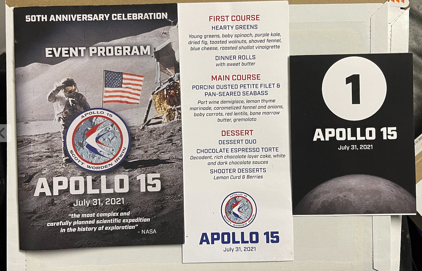 Apollo 15 50th Anniversary Celebration Program, Menu, Table Placard!