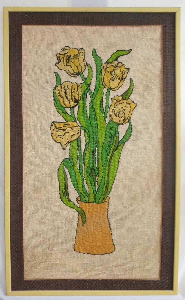 Modernist Vintage Needlepoint Yellow Tulips Flowers Panel Huge Frame L Marchand