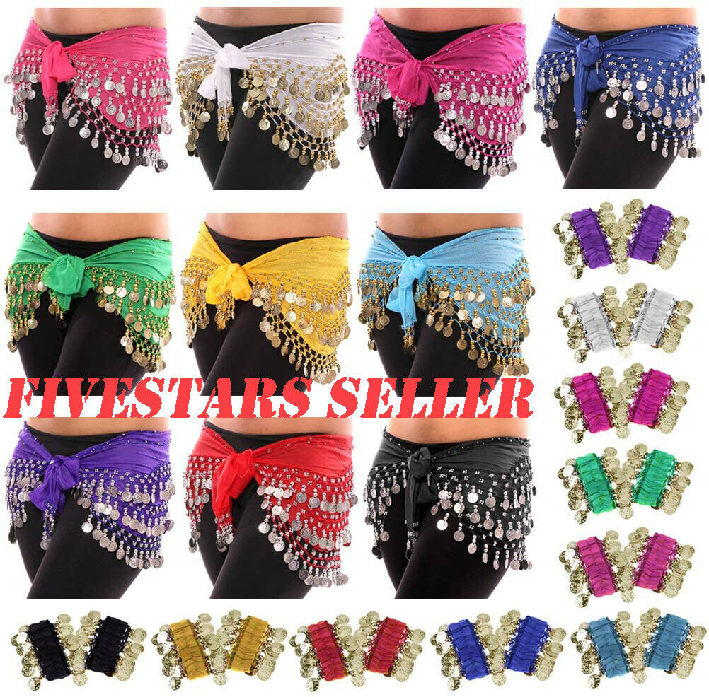 Womens Belly Dance Hip Skirt Scarf Wrap Belt Hipscarf Gold/silver Coins Us Fast