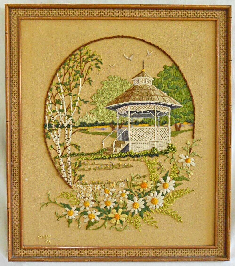 Vintage Needlework Landscape Lush Garden Gazebo Daisy Flowers Silvia 81 Framed