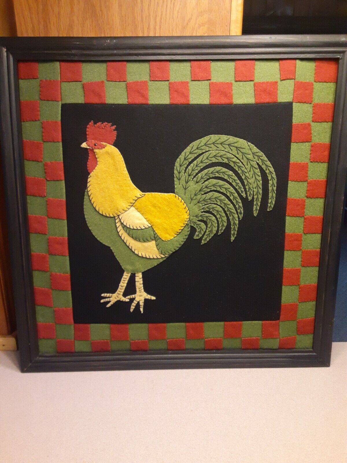 Vintage Folk Art Framed Wool Rooster Applique  23"×23"