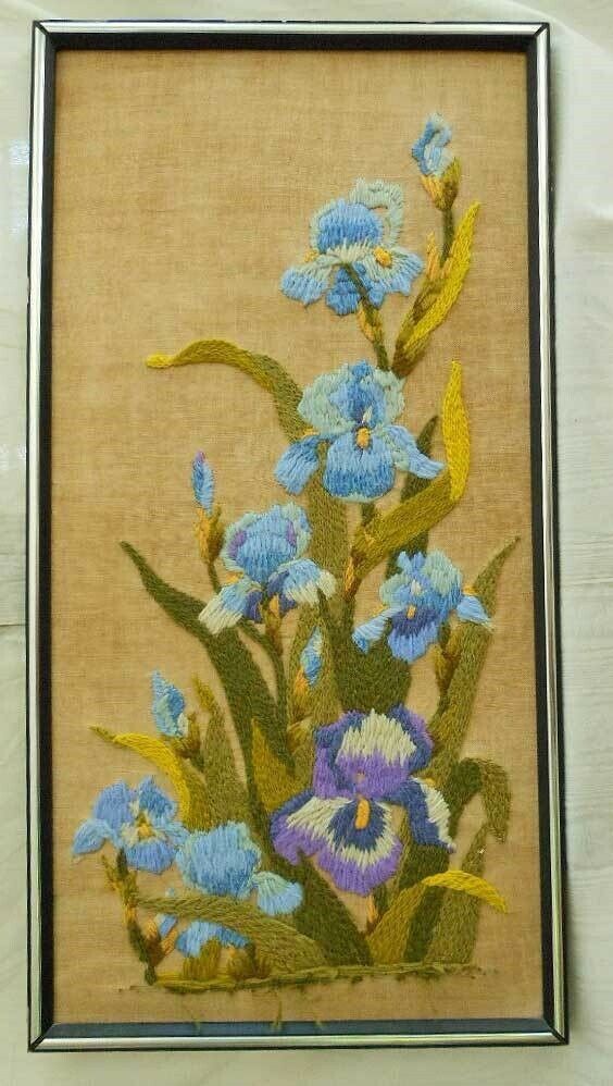 Needlepoint Irises Framed Vintage Panel Wool Three Dimensional Flowers Blue