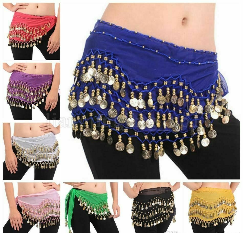 Hot Belly Dance Gold Coin 3 Rows Belt Hip Scarf Skirt Wrap Chain Dancing Costume
