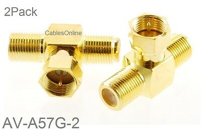 2-pack F-type Connector 2-way Male To 2-female Gold-plated T-splitter, Av-a57g-2